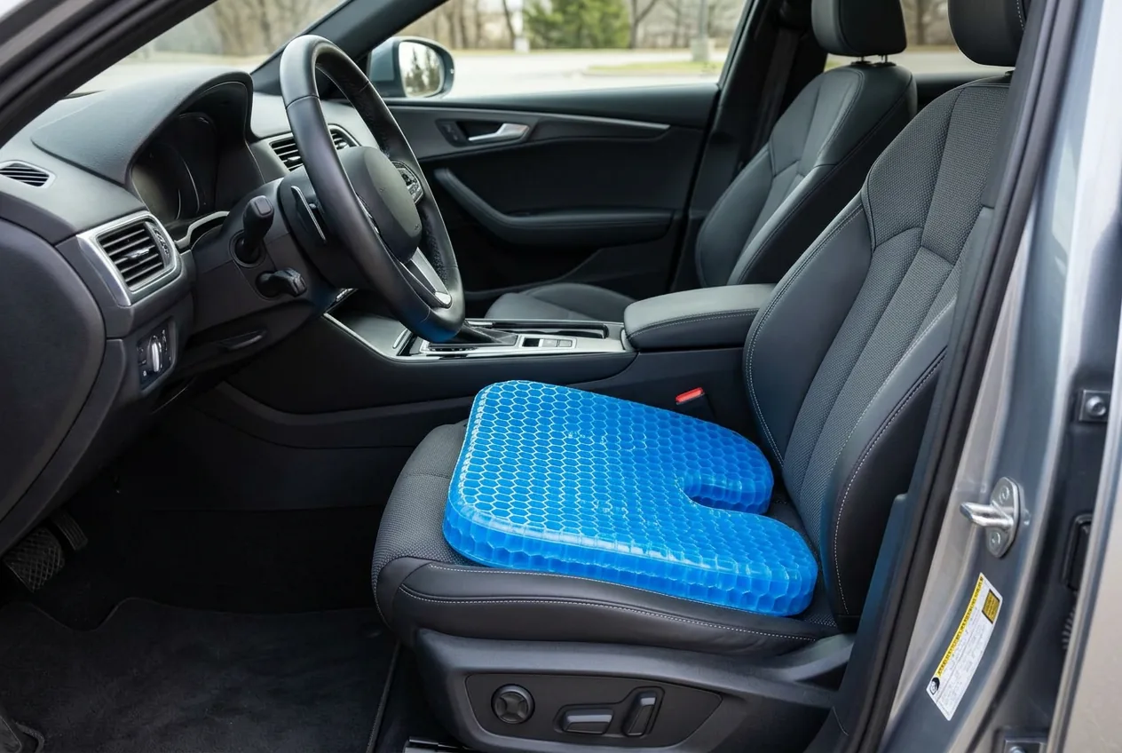 Cojín de gel azul con recorte para el coxis colocado en el asiento del conductor