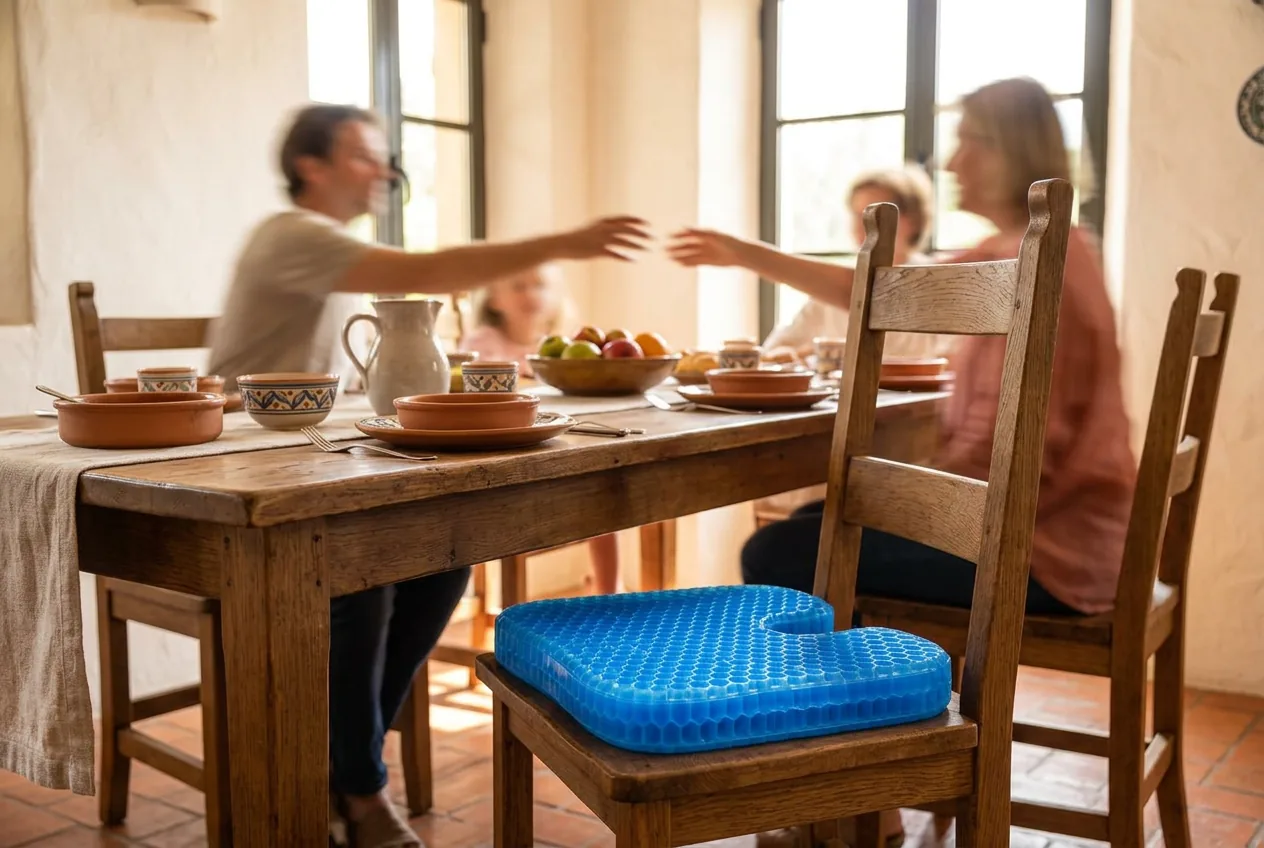 Cojín de gel azul sobre una silla de madera en un comedor familiar soleado