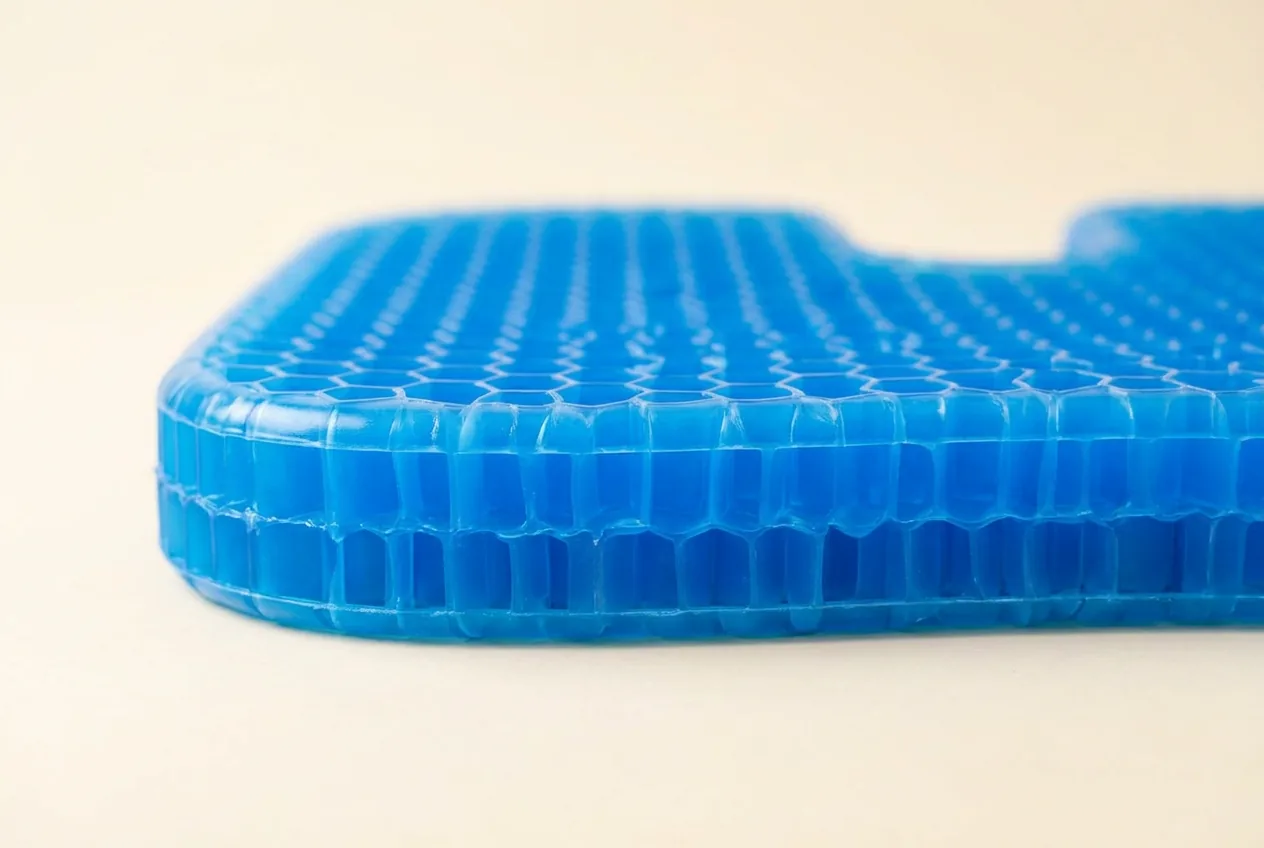 Primer plano lateral de las dos capas del cojín de gel azul